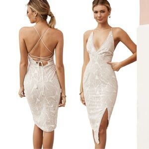 Here Comes The Sun Fearless Asymmetrical Midi Dress Small Nude White